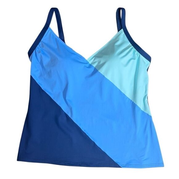 Talbots SUN OCEAN SAND COLORBLOCK V-NECK TANKINI Top Size 16 - Picture 2 of 14